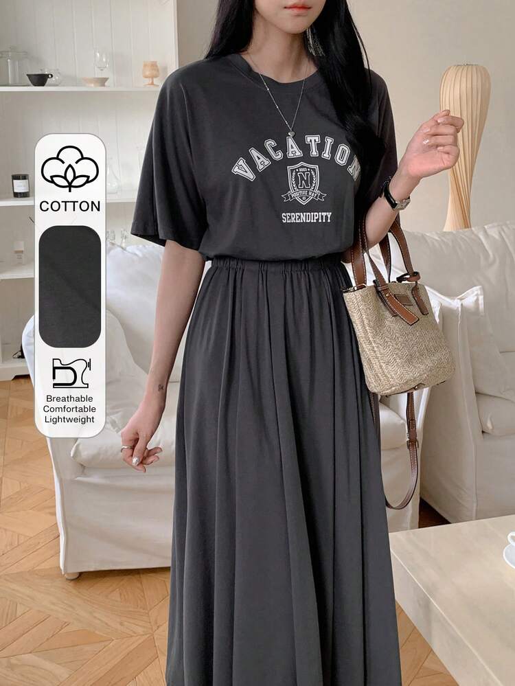 Letter Print Loose Waist Short Sleeve Dress For Women Maxi Dress