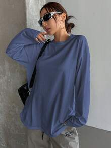 DAZY 纯色圆领宽松长袖长款女式T恤，秋季服装 - 霧霾藍 - 查看 4