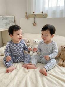 4pcs/Set Infant/Toddler Boys' Striped & Polka Dot Print Snug Fit Long Sleeve Top And Long Pants Casual Outfit Baby Boys 2pcs Pajama Baby Set Baby Boy Top Bottom Sets Baby Outfits From The Hospital Baby Pj Set Baby Boys Pajamas-2 Piece Pajama Set Striped Navy And Light Gray Star Print Round Neck Long Sleeve Top Matching Long Pants  Stretchy Comfortable Sleepwear Four Season Holiday 2026 Essential Cute Minimalist Nursery Gift - Multicolor - View 3