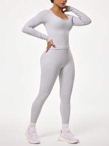 Slayform Bộ đồ thể thao gồm áo dài tay và quần legging màu trơn. - Xám - Xem 5