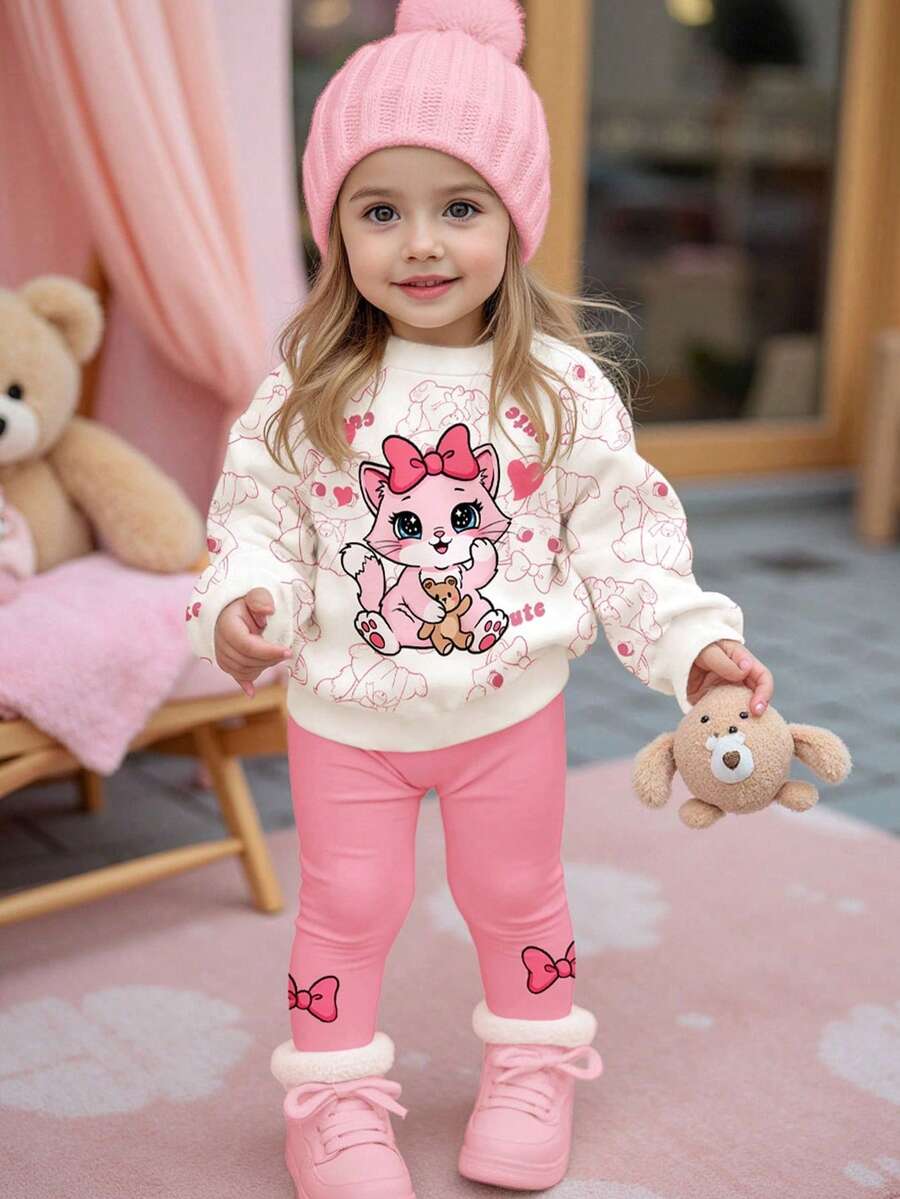 SHEIN 2件套女婴休闲可爱卡通蝴蝶结、猫咪、小熊和爱心印花柔软圆领长袖卫衣和打底裤套装，适合春秋季日常穿着 - 彩色 - 查看 1