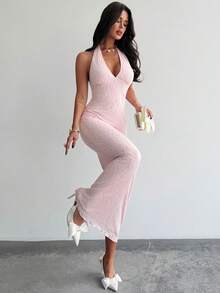 Firerie Đầm maxi ôm sát không tay cổ chữ V thanh lịch, lãng mạn, chất liệu vải dệt họa tiết, thích hợp cho những buổi hẹn hò, mùa xuân/hè. - Hồng - Xem 9