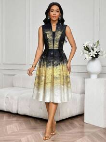 SHEIN Lady Women's Ombre Waist Cinched Elegant Mid-Length Summer Dress - Black and Gold - View 6