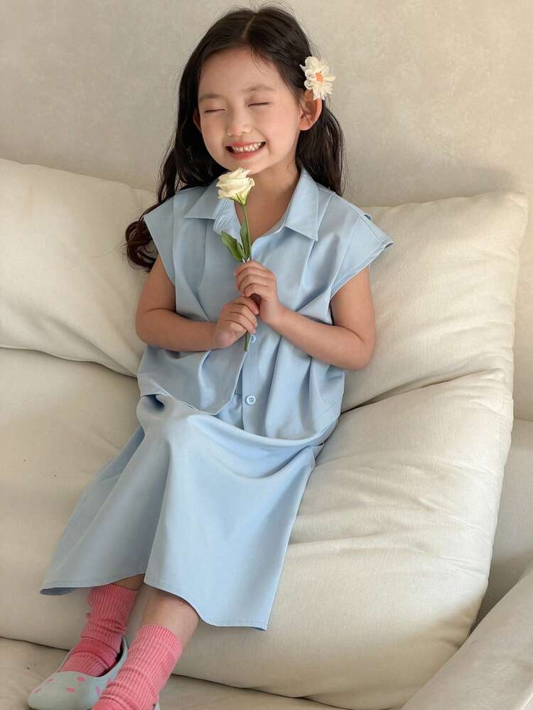 2pcs Young Girl Solid Color Polo Collar Casual Shirt And Skirt Set Spring Summer