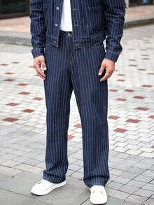 Manfinity Homme Plus Size Men's Casual Striped Loose Front Button Denim Shirt And Jeans Set, Autumn Men Navy Blue Denim 2 Pieces Set Men's Striped Denim Outfit - Blue and White - View 5