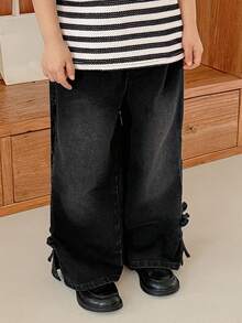 DAZY 年轻女孩水洗韩式休闲宽松破洞牛仔裤 - 黑色 - 查看 5