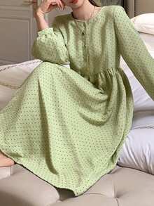 DAZY Green Cute Polka Dot All-Over Print Loose Fit Half-Zip Lantern Sleeve Women Nightgown - Green - View 6