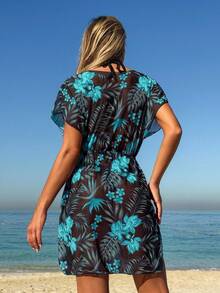 Swim Lushoire Tropical Print Side Slit Beach Cover Up - Cadet Blue - View 2