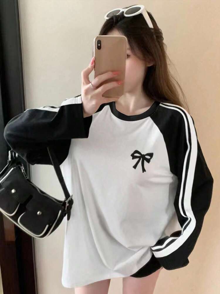 Contrast Raglan Sleeve Bow Pattern Tee,Fall Clothes Long Sleeve Women Tops
