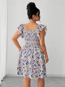Elenzga Robe maxi grande taille pour femmes beige à imprimé floral discret, manches volantées, nouée devant, col en dentelle ajourée, style bohème, élégante pour vacances d'été, vacances et invitée de mariage - Bleu azur - Voir 5