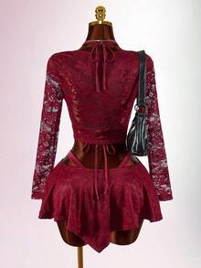 Amplova 2pcs/Set Sequin Detail Sexy Tight Fit Long Sleeve Crop Top & Tight Fit Inverted V Mini Skirt - Red - View 2