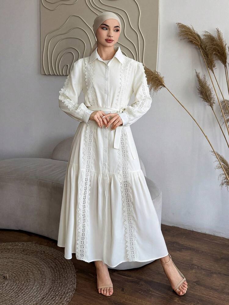 Women's Elegant Lace Patchwork Belted Mid-Length Dress, Spring/Summer Wedding Guest Dress Maxi Dress Sundress