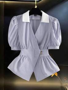EMERY ROSE Women Blue Striped Casual Peplum Wrap Blouse With Collar Puff Half Sleeve Flared Hem - Blue - View 4
