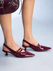 CUCCOO GRLICON Giày cao gót nữ đính đinh tán và khóa cài - Màu Đỏ Sâu - Xem 5