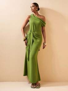 Zivah 2026 Frühling Neuer Urlaubsstil Strand Hochzeit Party Feiertag Elegantes Bankett Hochwertiges Formelles Date Asymmetrischer Ausschnitt Twist Vorne Meerjungfrau Kleid - Grün - Übersicht 7