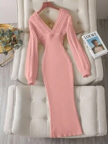 Franclia Women's Solid Color Minimalist Long Sleeve Casual Dress - Pink - View 7