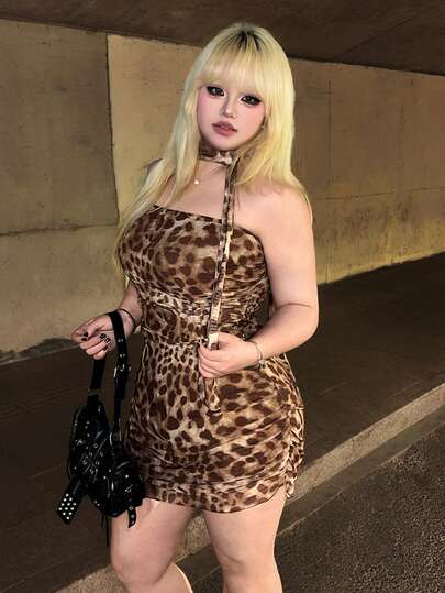 J-Fashion Robe moulante mini à imprimé léopard grande taille, robe de soirée sexy pour femmes