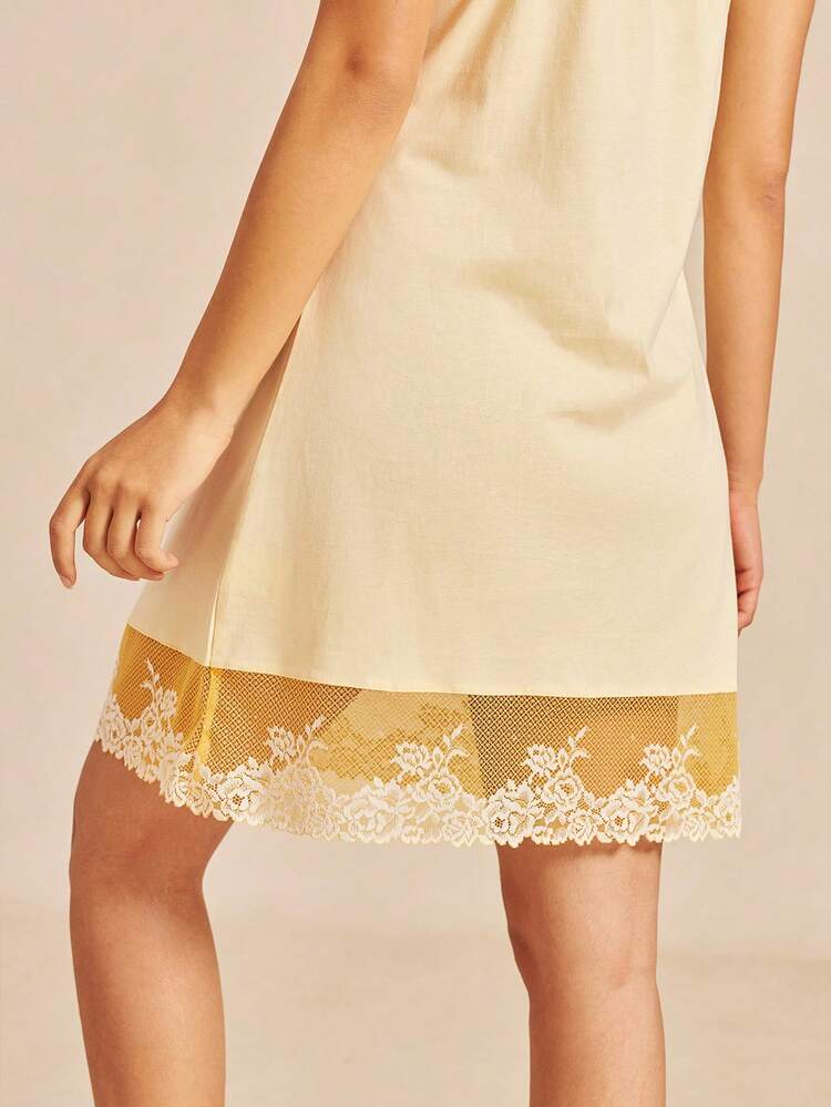 LUVLETTE 柔软 100% 纯棉 奢华蕾丝领口细节吊带睡裙内衣 - 黃色 - 查看 5