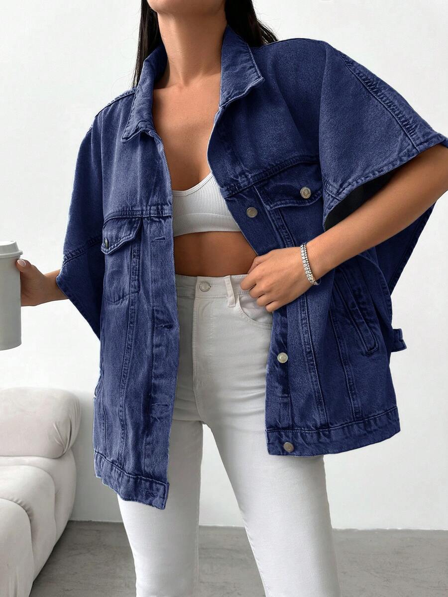 EURMUSE Loose Fit Casual Short Sleeved Denim Jacket - Medium Wash - View 1