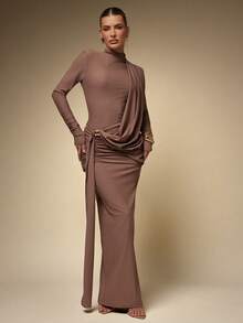 Hauture Women's Elegant Modest High Neck With Long Sleeves And Drape Front Maxi Dress - Brown - View 3