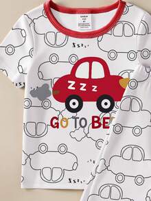 一套男童贴身睡衣，可爱卡通红色汽车印花短袖上衣和长裤两件套睡衣套装 - 白色 - 查看 4
