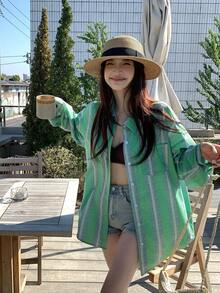 DAZY 女士轻薄休闲条纹长袖开衫衬衫，宽松防晒秋季上衣 - 綠色 - 查看 6