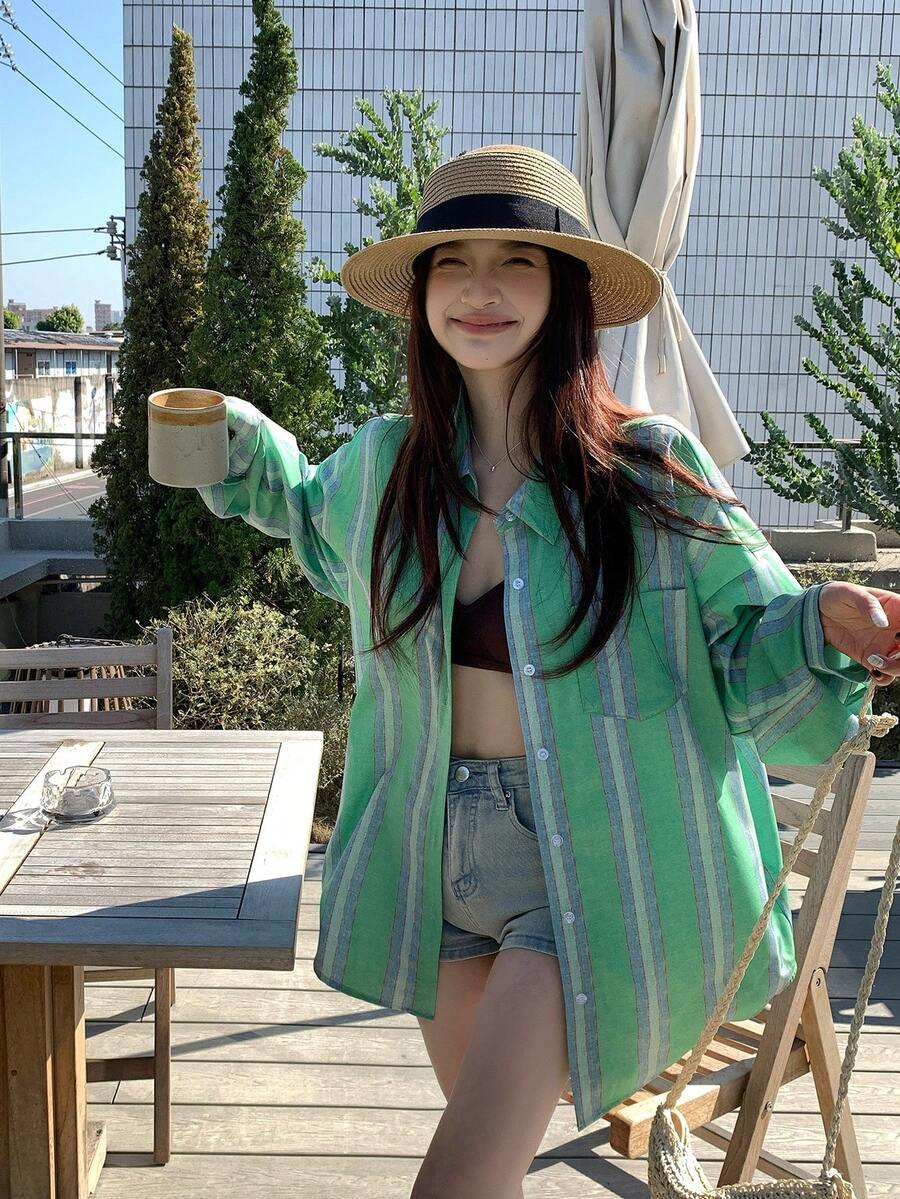 DAZY Women's Lightweight Casual Striped Long Sleeve Cardigan Shirt, Loose Fit Sunscreen Blouse For Autumn - Green - View 1