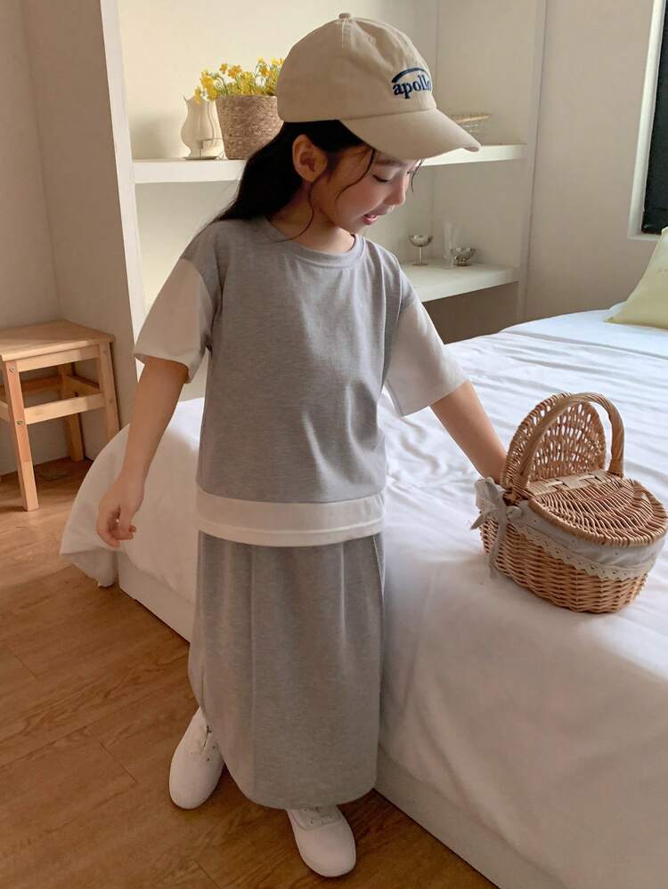 Young Girls' Round Neck Contrast Color 2 In 1 Korean Style Casual T-Shirt And Skirt Set Spring Summer