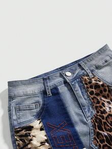 ROMWE J-Fashion Women's Retro Punk Rock Festival Leopard Print Patchwork Denim Mini Skirt, Super Low Waist - Light Wash - View 4