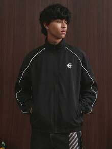 TOKVUE 男士休闲百搭星月印花夹克，反光条纹设计，宽松后背图案，PAVTROS品牌，情人节，我爱我的男朋友，复古，街头风，节日