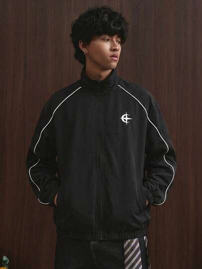 TOKVUE 男士休闲百搭星月印花夹克，反光条纹设计，宽松后背图案，PAVTROS品牌，情人节，我爱我的男朋友，复古，街头风，节日