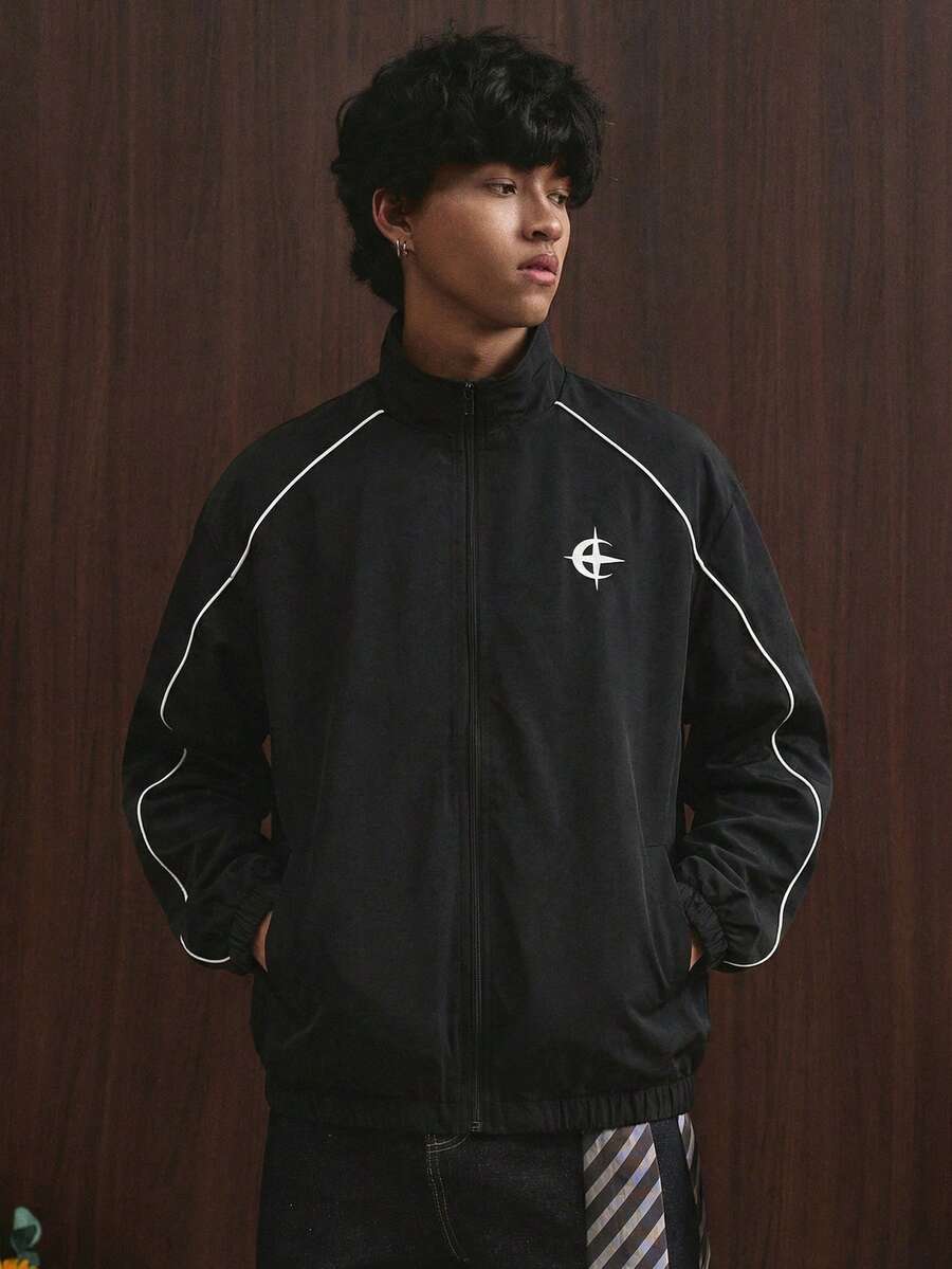 TOKVUE 男士休闲百搭星月印花夹克，反光条纹设计，宽松后背图案，PAVTROS品牌，情人节，我爱我的男朋友，复古，街头风，节日