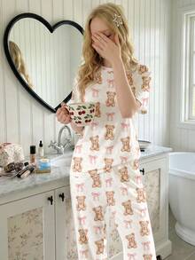 Cute Cream Pink ❤ Adorable INS Style, BM Sweet Pink Bow Bear Print Pattern, 2026, Teen Girl Casual Loose Minimalist Round Neck Drop Shoulder Short Sleeve Pants Pajamas Set, Suitable For Spring/Summer - Multicolor - View 3