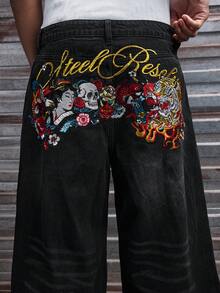 AXEPEAK Men's Washed Embroidered Graphic Long Pants, And Fashionable - Black - View 3