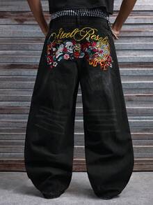 AXEPEAK Men's Washed Embroidered Graphic Long Pants, And Fashionable - Black - View 4