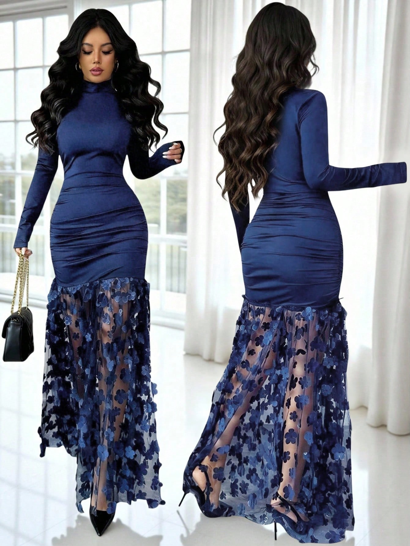 Rafferiza فستان نسائي أنيق باللون الأسود، طويل الأ...