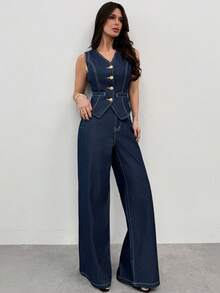 Firerie Women's V-Neck Single-Breasted Fitted Vest And Jeans Suit