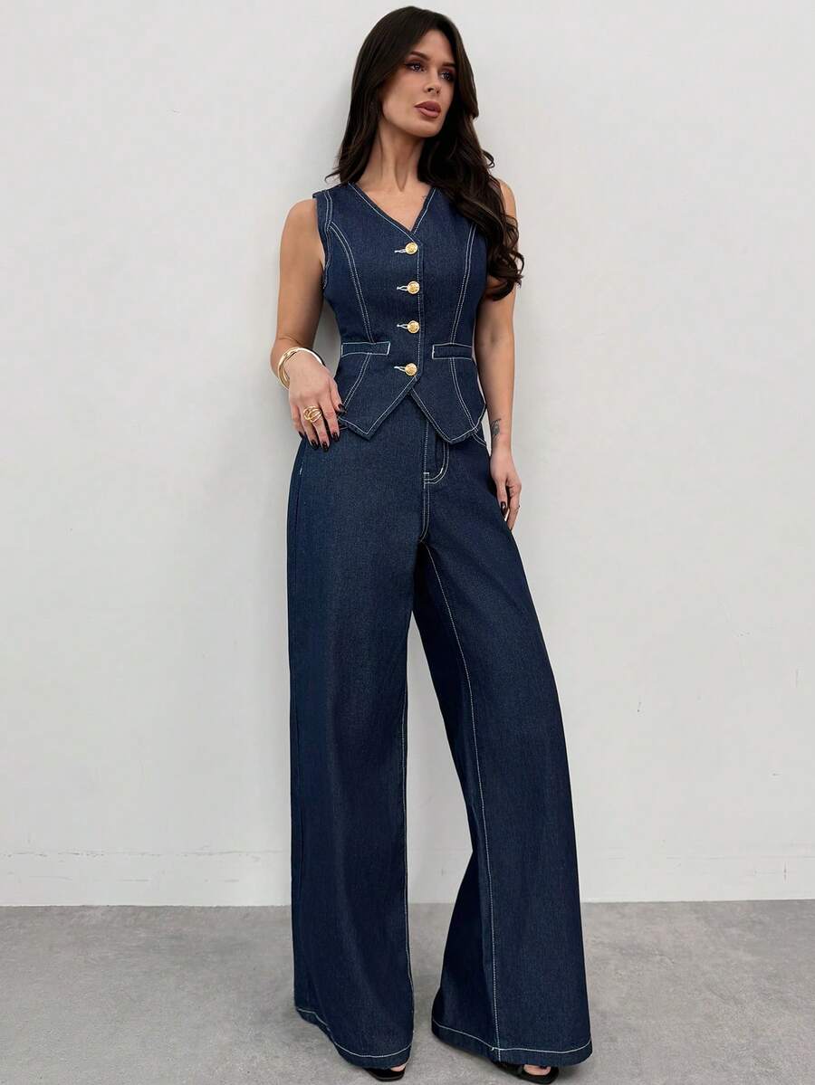 Firerie Women's V-Neck Single-Breasted Fitted Vest And Jeans Suit