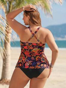 Swim Lushoire Women's Black Paisley Boho Printed One-Piece Swimwear,Tummy Control High-Waisted Summer Beach Holiday Plus Size Tankini Full Coverage - Multicolor - View 3