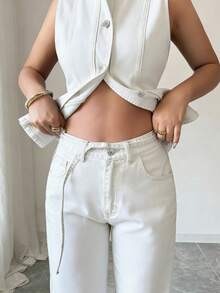 Elenzga Women's Round Neck Sleeveless Waist Cinched Front Button Denim Jumpsuit, Fashionable For Spring  Summer  Elegant - White - View 5