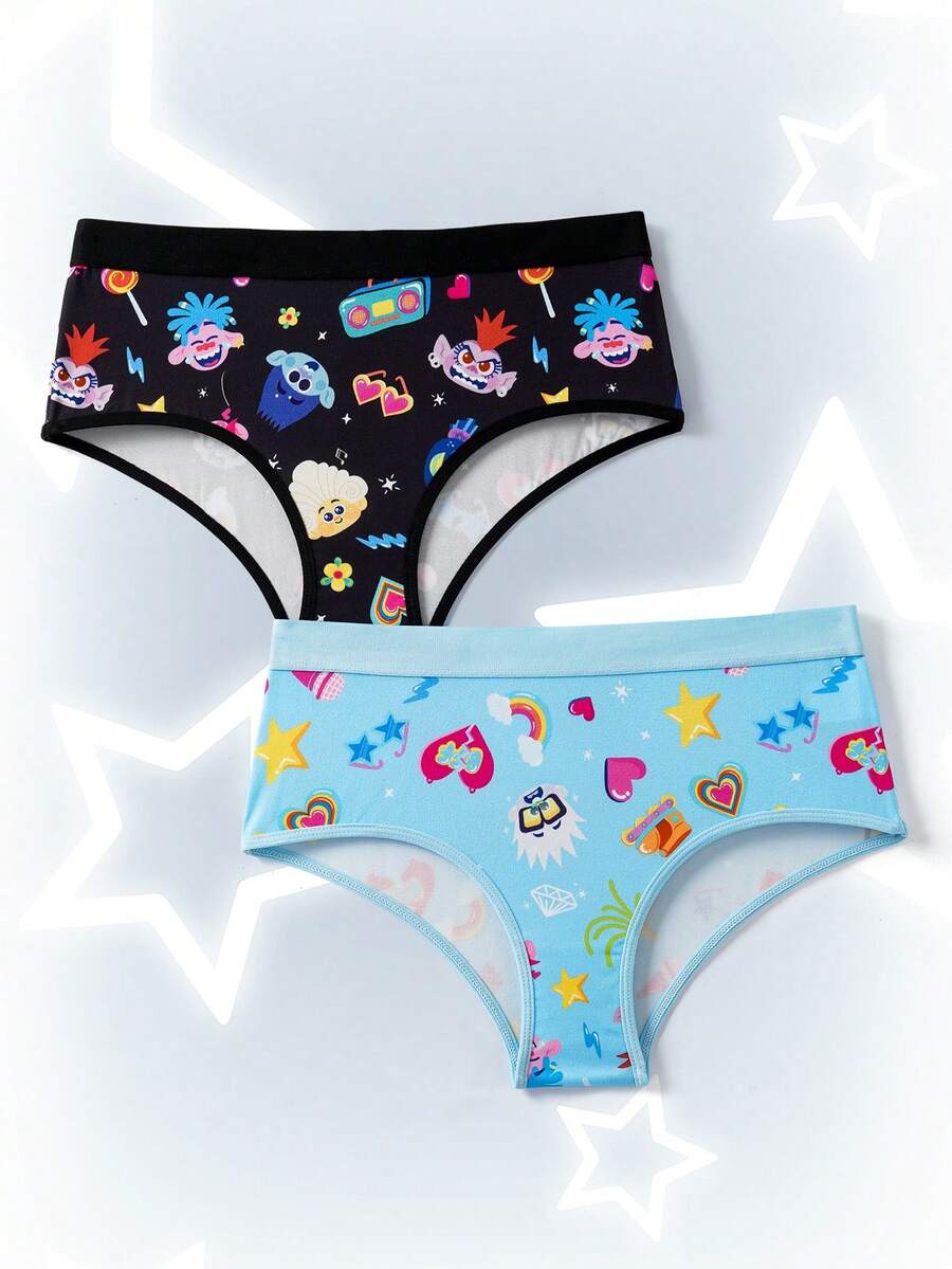 Trolls X SHEIN Quần lót thoải mái họa tiết trái tim dễ thương dành cho nữ - Màu xanh lam - Xem 1