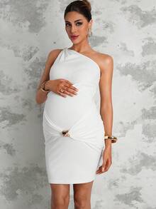 MaterniChic Vestido de maternidad de unicolor, asimétrico, sin mangas y ajustado con diseño de moda - Blanco - Ver 3