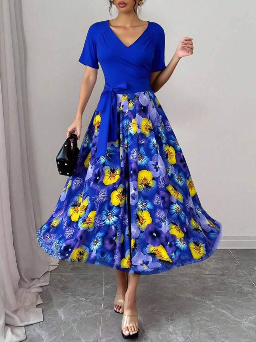 Women's Summer Knitted Patchwork Printed Mid-Length Dress - Multicolor - View 1