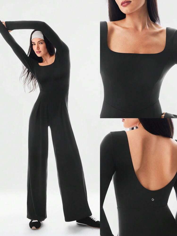 FeatherFit™-Air 日よけ 作業着 フロー スクエアネック オープンUバック ワイドレッグ 長袖ボディスーツ サムホール付き デイリーカジュアルウェア 取り外し可能なカップ