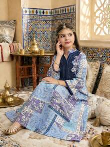 SHEIN Đầm dài tay dài cổ đứng in họa tiết chắp vá dáng rộng dành cho bé gái tuổi teen, thích hợp đi nghỉ mát. - Màu xanh lam - Xem 4