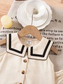 SHEIN LMoss Kids 女宝宝可爱甜美学院风杏色撞色水手领无袖上衣和松紧腰裤套装 - 白色 - 查看 4