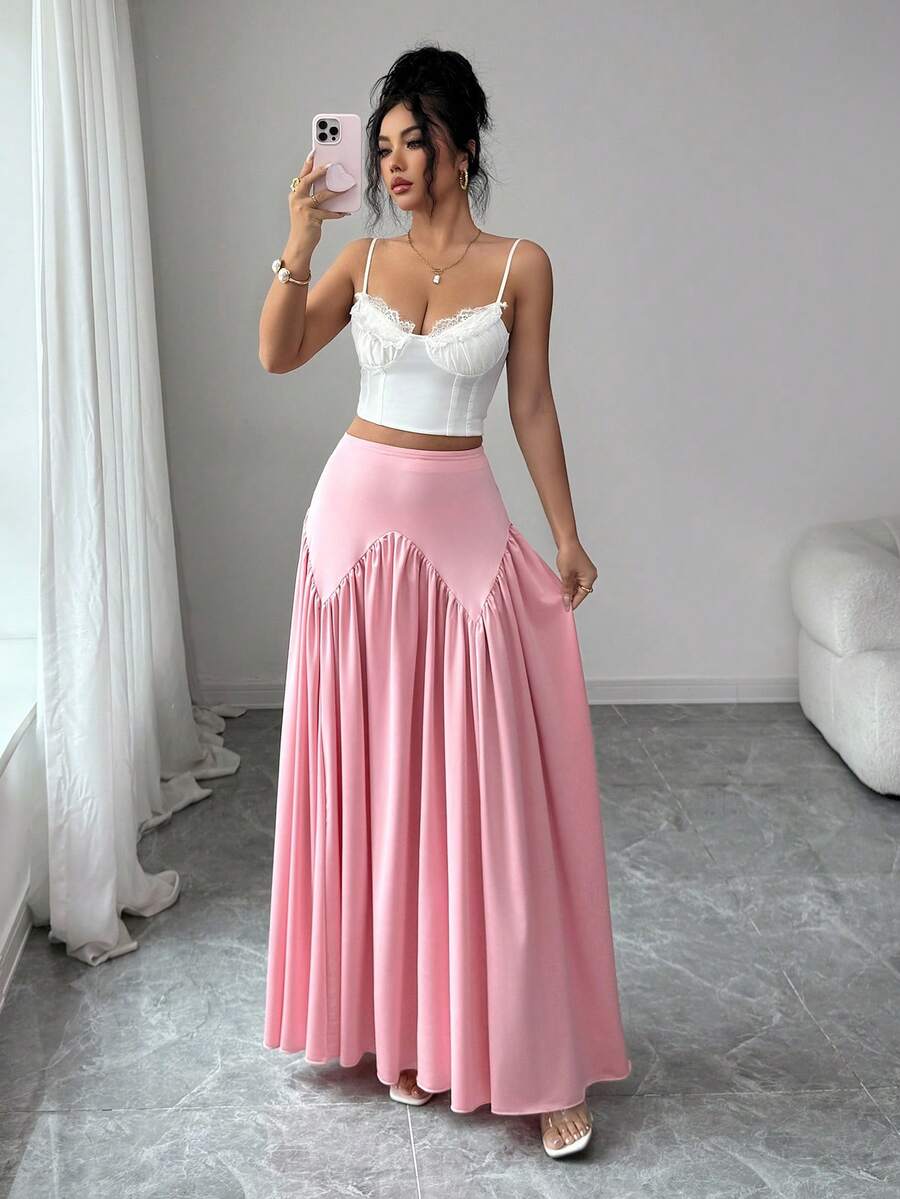 Selianne Women's Solid Color High Waist A-Line Pleated Midi Skirt, Elegant & Romantic - Coral Pink - View 1