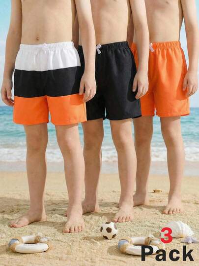 SHEIN 3pcs/Set Tween Boy Casual Vacation Colorblock Swim Trunks Set, Suitable For Spring/Summer Wear, Home, Outing, Travel, Beach, Pool, Party