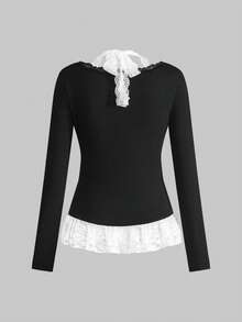 ROMWE Anime Medical Theme Print Contrast Lace Long Sleeve 2 In 1 T-Shirt (Includes Lace Camisole And Lace Hem Patchwork) - Black - View 2