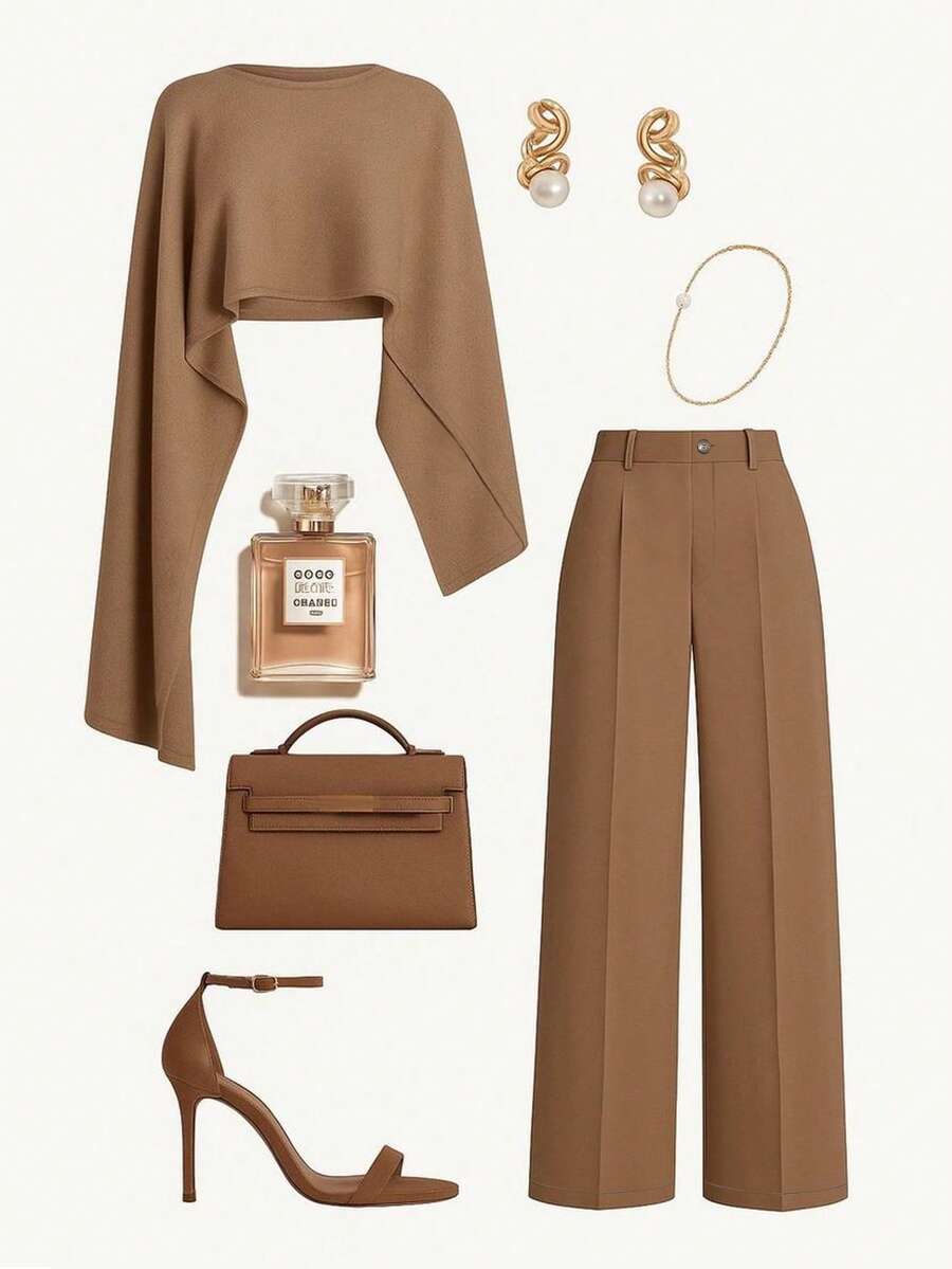 Chiquease 女士优雅套头斗篷和直筒裤通勤套装 - 卡其色 - 查看 1